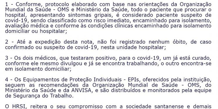 Nota de esclarecimento do Hospital Regional de Santana do Ipanema – HRSI