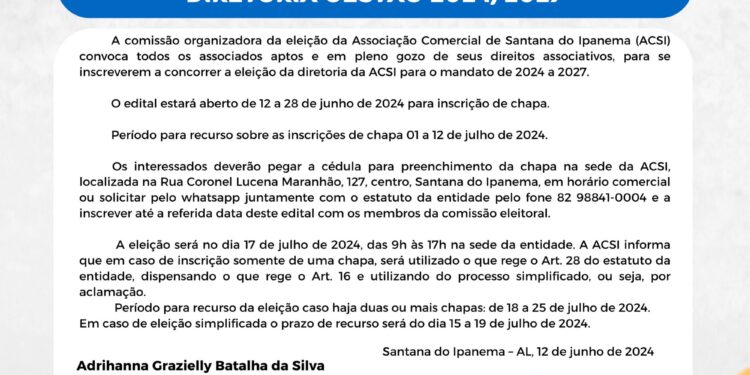 EDITAL DE CONVOCAÇÃO PARA ELEIÇÃO DE DIRETORIA GESTÃO 2024/2027 DA ACSI
