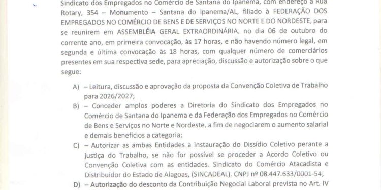 Sindicato dos Empregados no Comércio convoca comerciários para Assembleia Geral Extraordinária em Santana do Ipanema